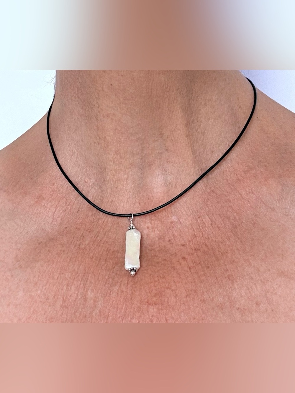 White Freshwater Baroque Pearl and Leather Necklace